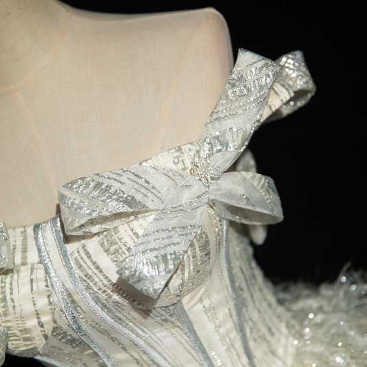 Off-Shoulder Feather Wedding Dress | Glitter Ball Gown Bridal Gown with Corset Back | Custom Made Princess Wedding Dress