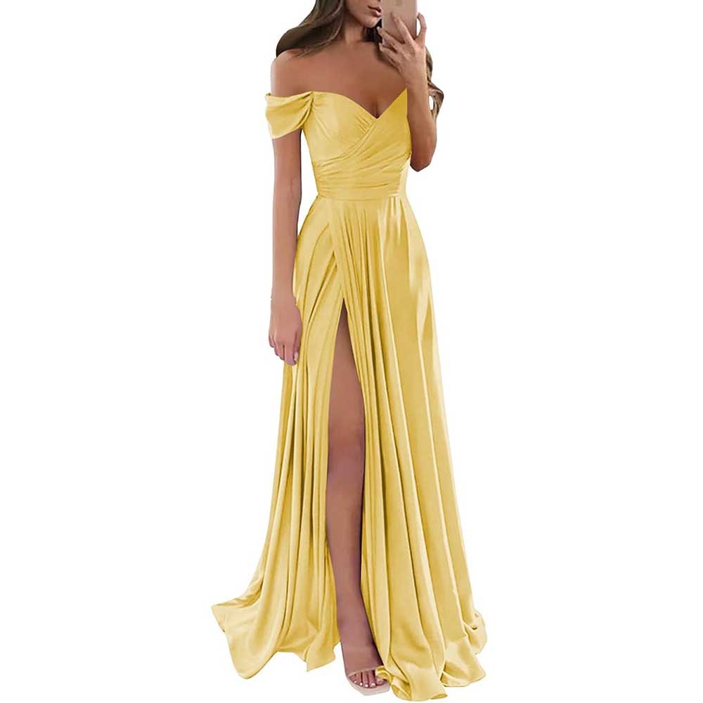 Off Satin Off The Shoulder Bridesmaid Dresses Split A Line Formal Evening Party Gown