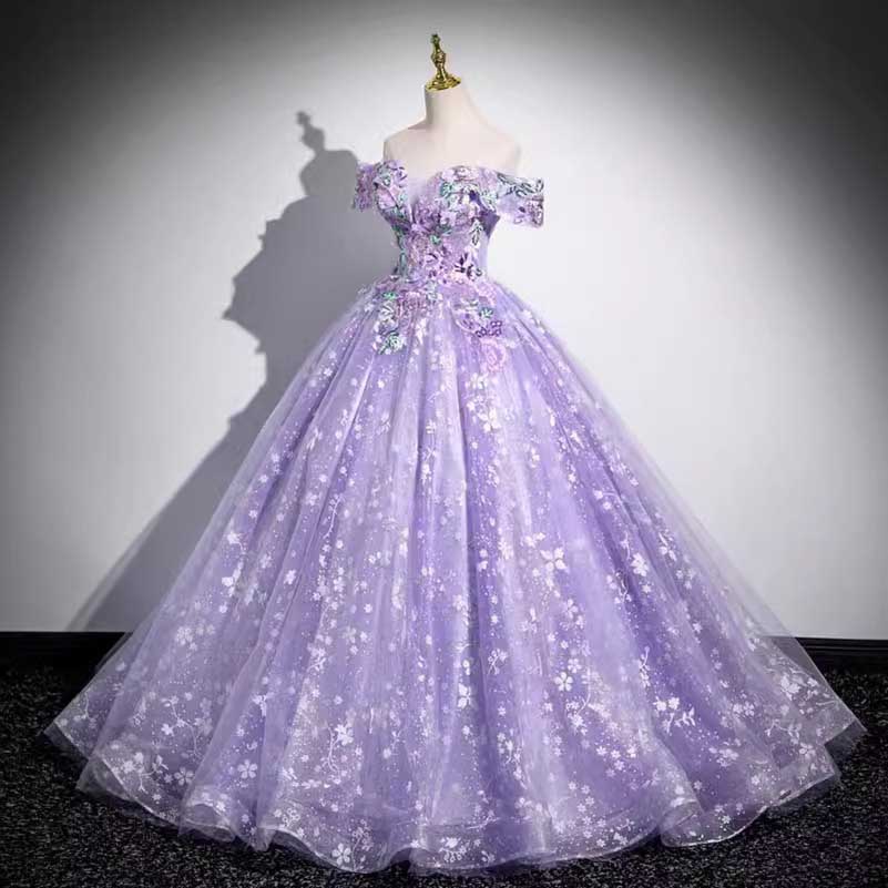 Charming Dark Purple Tulle Long Off the Shoulder Party Dress, Long Prom Dress