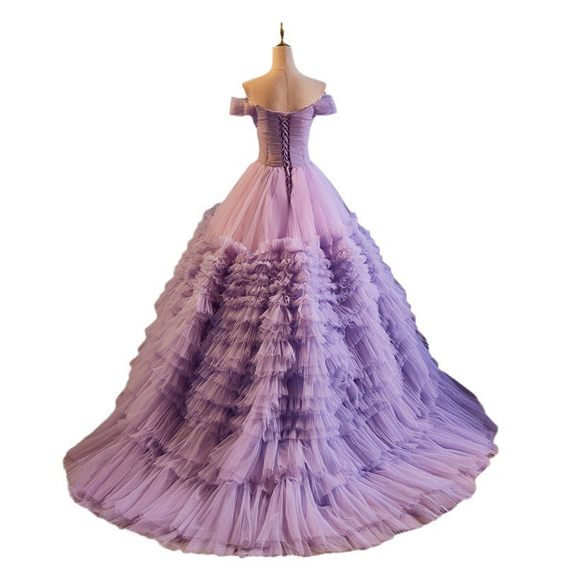 Off Shoulder Tulle Ruffle Prom Dress with Sweetheart Neckline