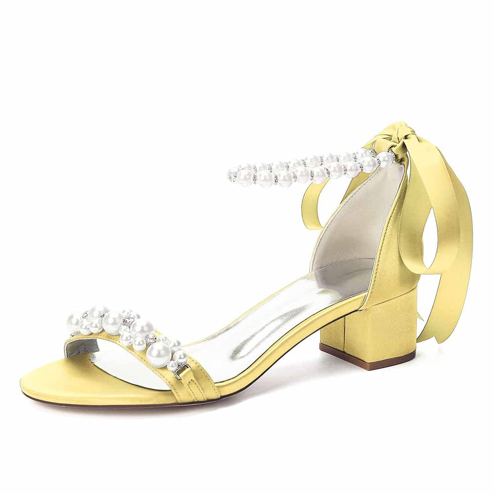 Women's Pearl Ankle Strap Block Heel Bridal Wedding Sandals