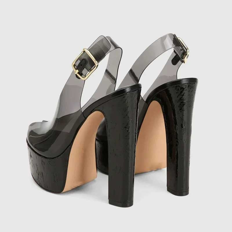 Clear / Faux Snake Print / Snake Print Platform Heels with Cork Heel – Slingback Pumps