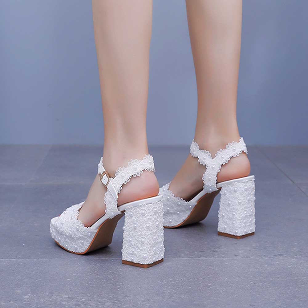 Platform Wedding Shoes Flower Appliqued Block Heeled Bridal Shoes Prom Heels