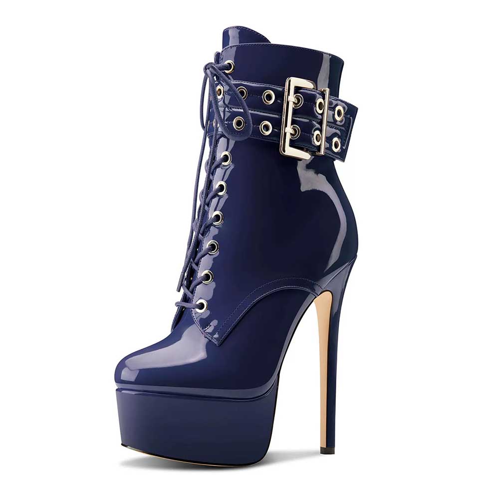 Navy Blue Round Toe Lace Up Ankle Boots Platform Pumps Party Boots – SD