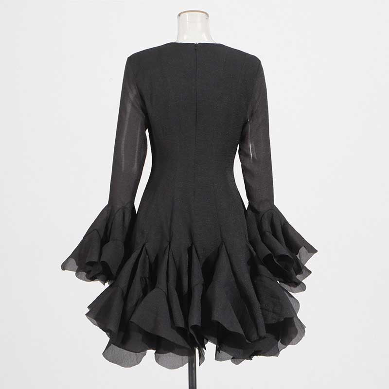 Pleated Mockneck Ruffles Midi Dress Lotus Sleeves