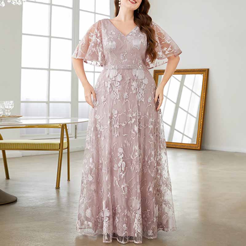 Plus Size Pink Prom Dress Lace Bridesmaid Dress Flare Sleeve A-Line Evening Gown
