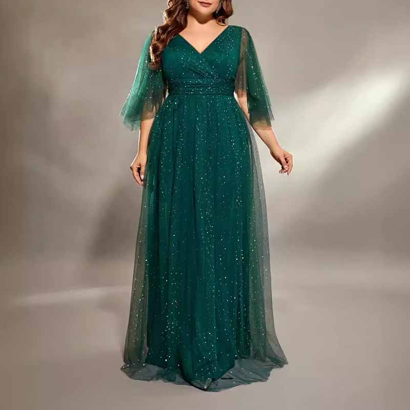 Plus Size Shiny Prom Dress Emerald Green Event Dress Half Sleeve A-Line Ball Gown