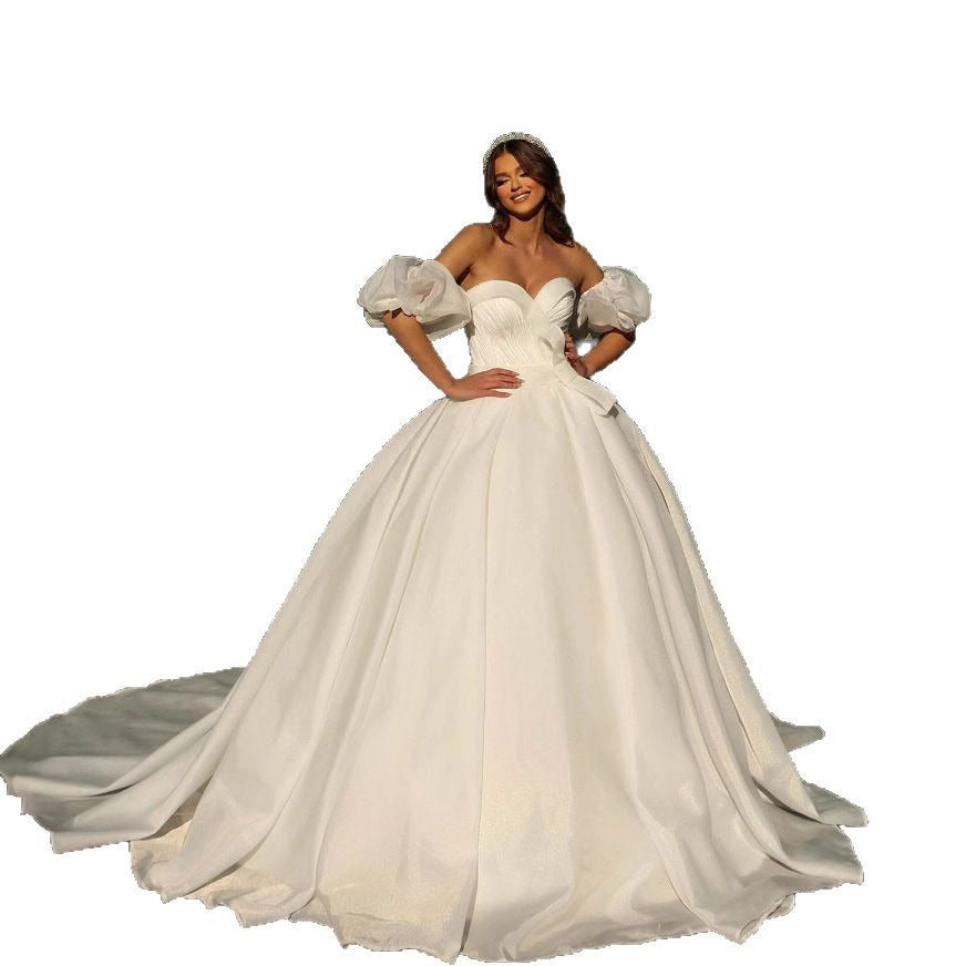 Puff Sleeve Ball Gown Wedding Dress – Satin, Off-Shoulder, Sweetheart Neckline