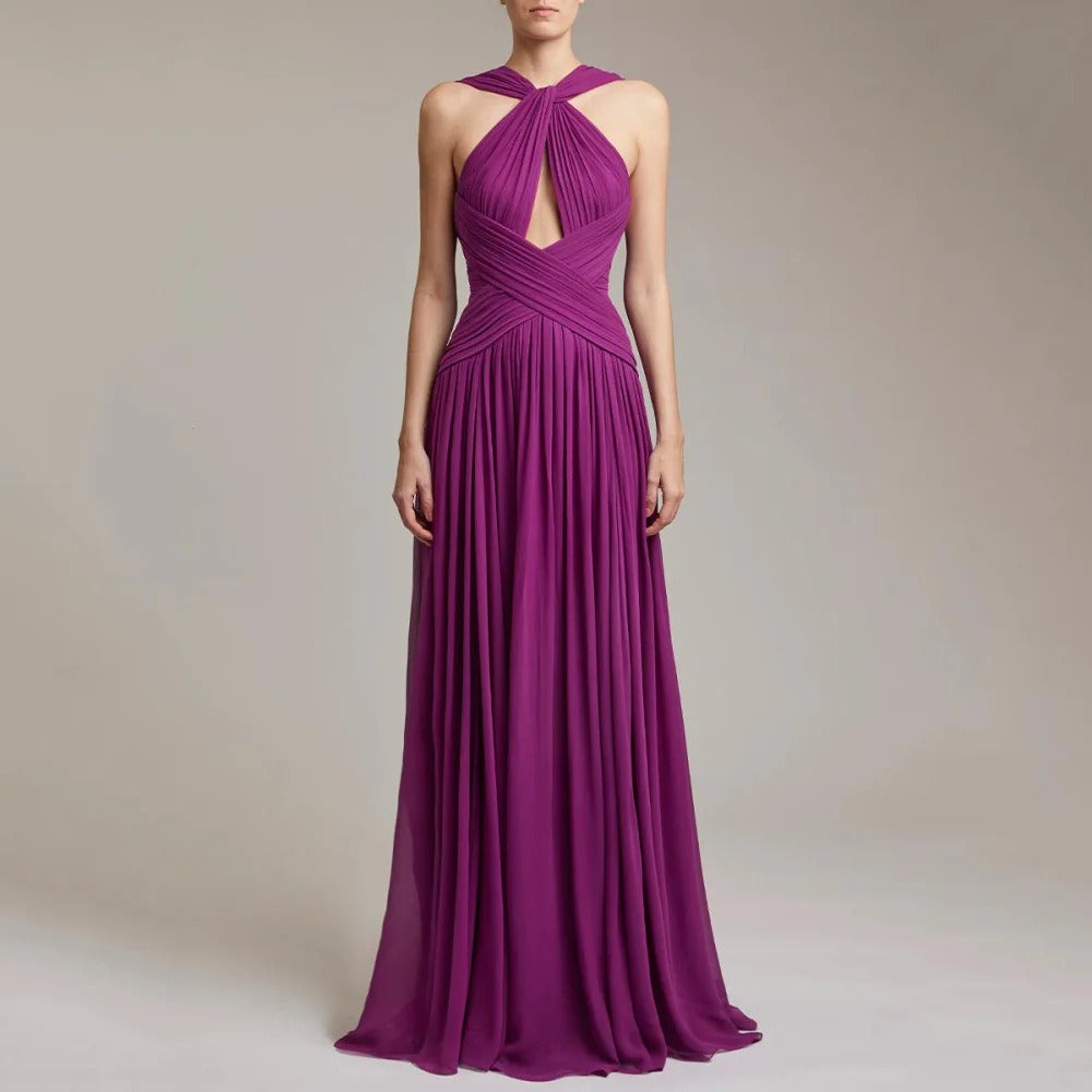 Luxury Purple Evening Dress | Pleated Halter Neck Maxi Dress