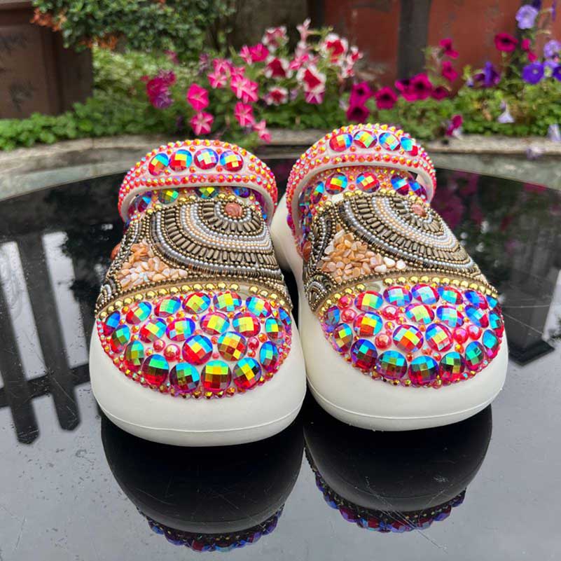 Rhinestone Flat Wedding Sneakers Round Toe Clog Shoes Multicolor Slip On Mules