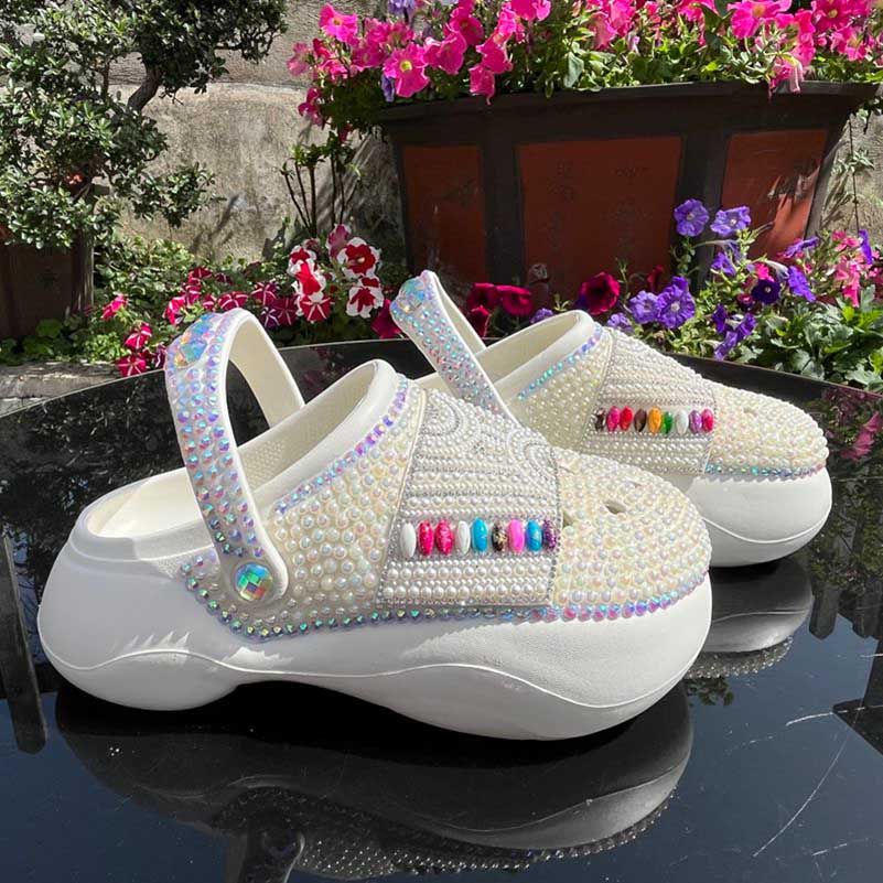 Rhinestone Pearls Flat Wedding Sneakers Round Toe Clog Shoes White Slip On Mules