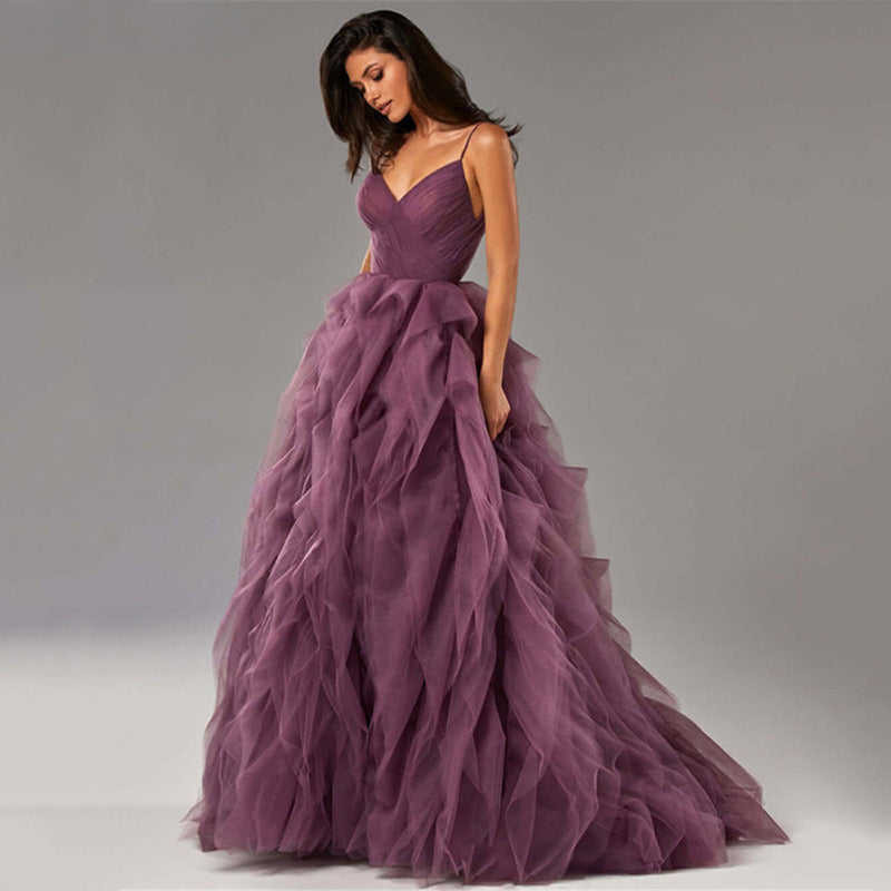 Ruffled Tulle Prom Dress - Formal Evening Gown with Straps | Maxi Bridal/Party Wear