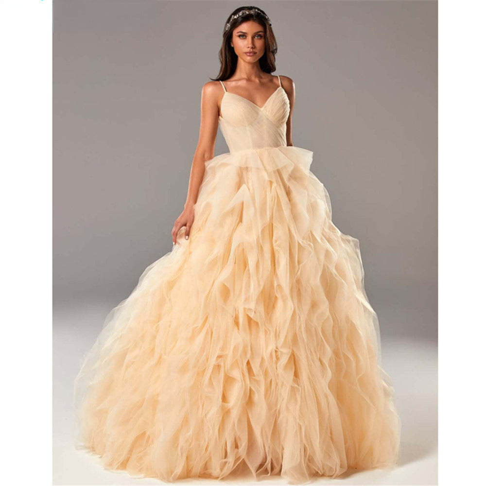 Ruffled Tulle Prom Dress - Formal Evening Gown with Straps | Maxi Bridal/Party Wear