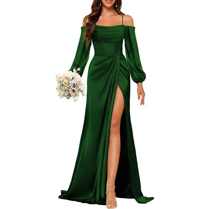 Satin Bridesmaid Dresses Long Sleeve Formal Gowns High-Split Prom Dresses