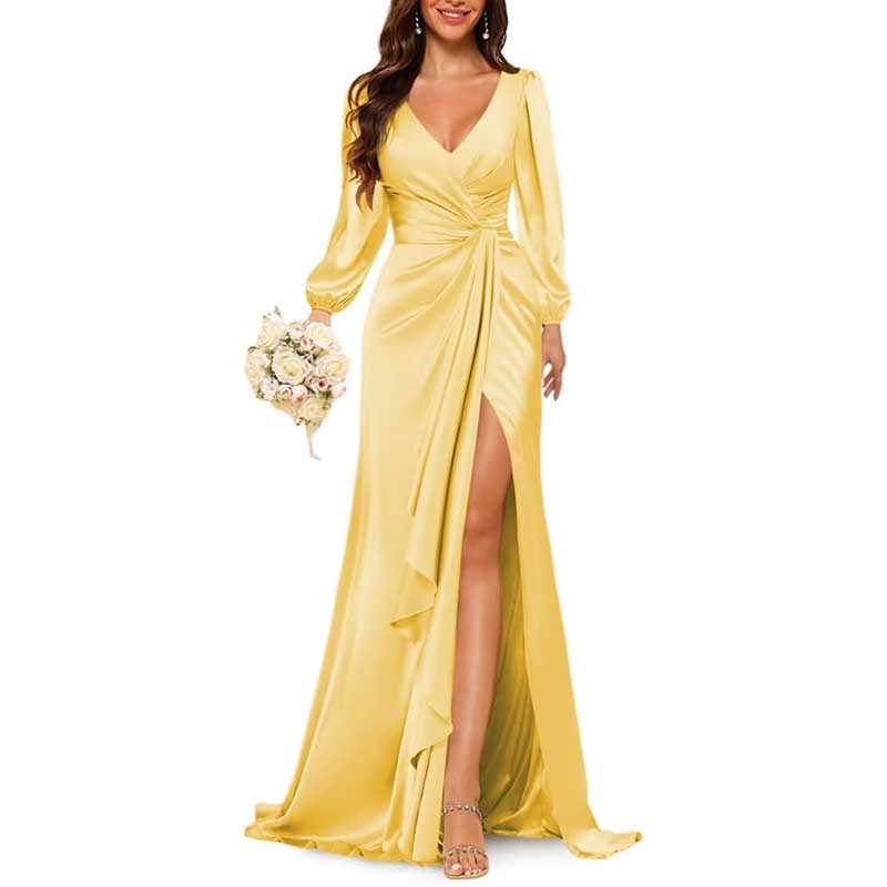Satin Long Bridesmaid Dresses Long Sleeve Formal Gowns Evening Dresses
