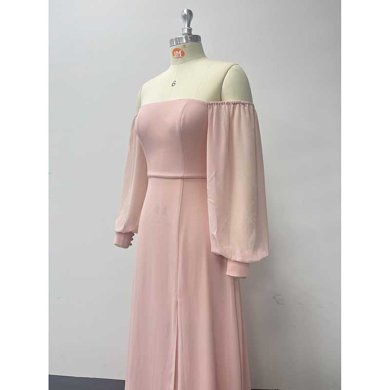 Pink Long Prom Dress Off The Shoulder Evening Dress Chiffon Bridesmaid Dress