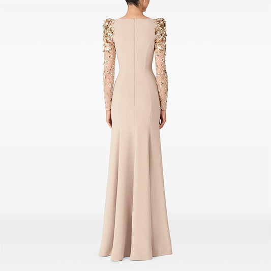 Sequin Appliqued Long Sleeve Evening Dress Round-Neck Prom Dress