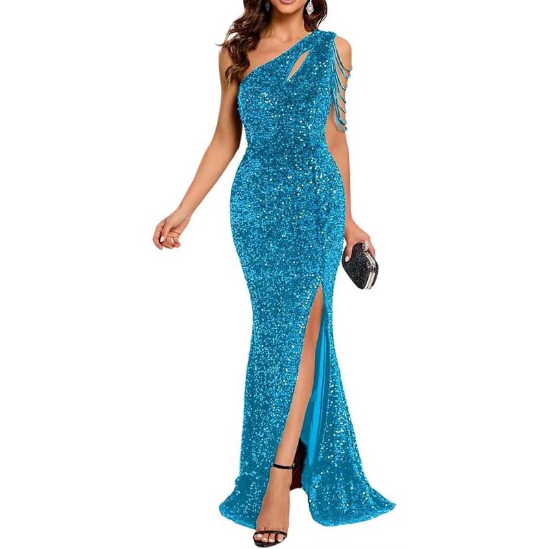 Sexy One Shoulder Sequin Prom Gown – High Slit, Custom Tailored & Bodycon Fit