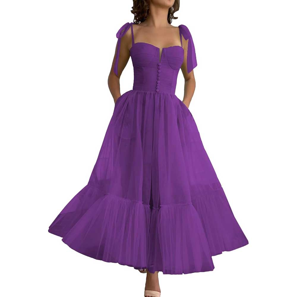 Lace-Up Spaghetti Straps Homecoming Dresses Tea Length Tulle Prom Dress with Pockets