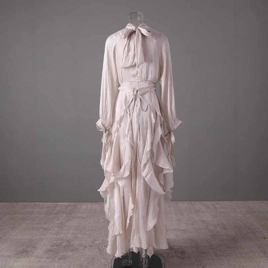 Trendy Stand Collar Ruffle Long Sleeve Dress with Waist Shaping