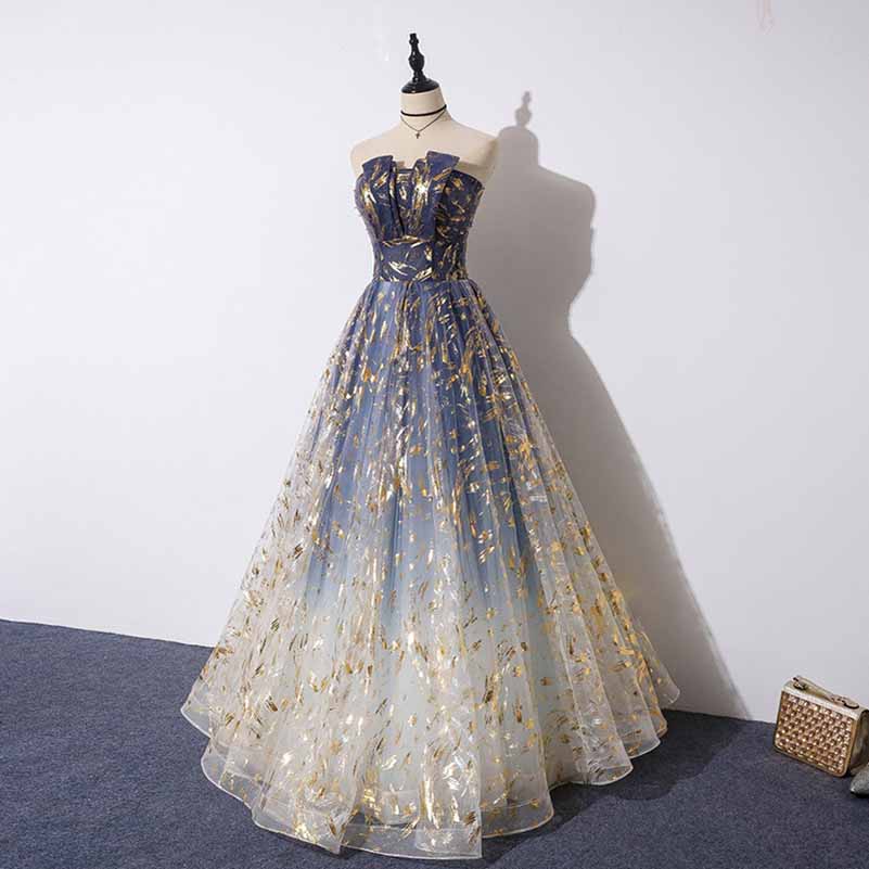 Strapless Ball Gown Gradient Blue Long Party Dress Tulle Prom Dress  SD  Dresscode & Fashiontrends