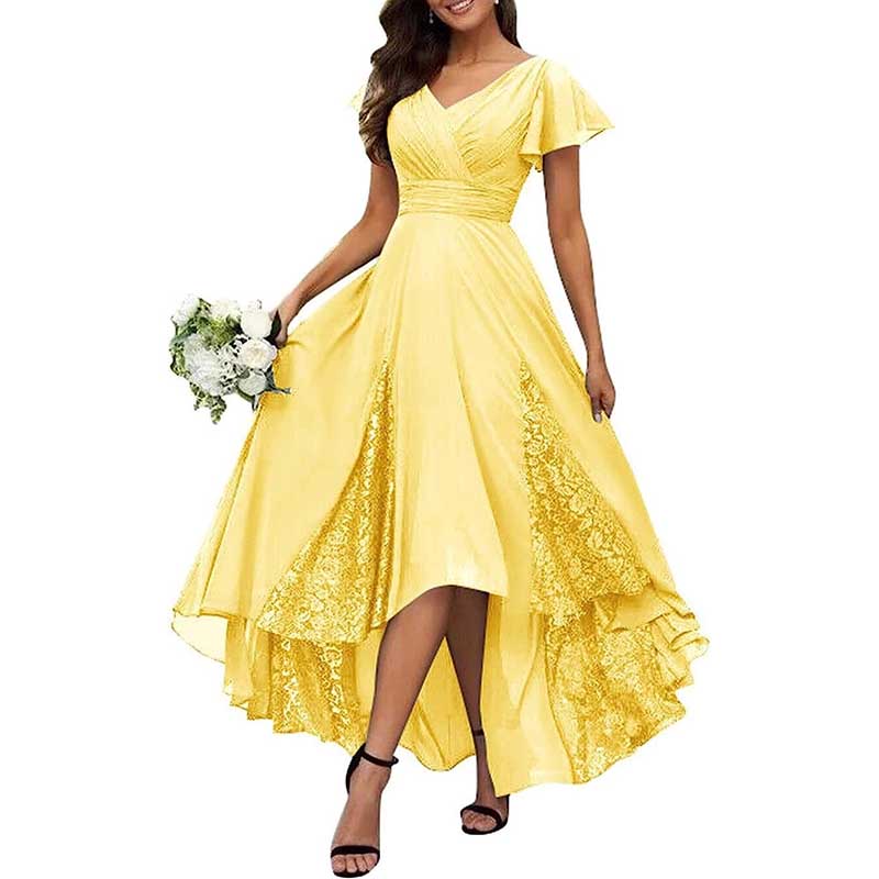 Long V-Neck Bridesmaid Dress – Chiffon, Lace & Customizable Colors