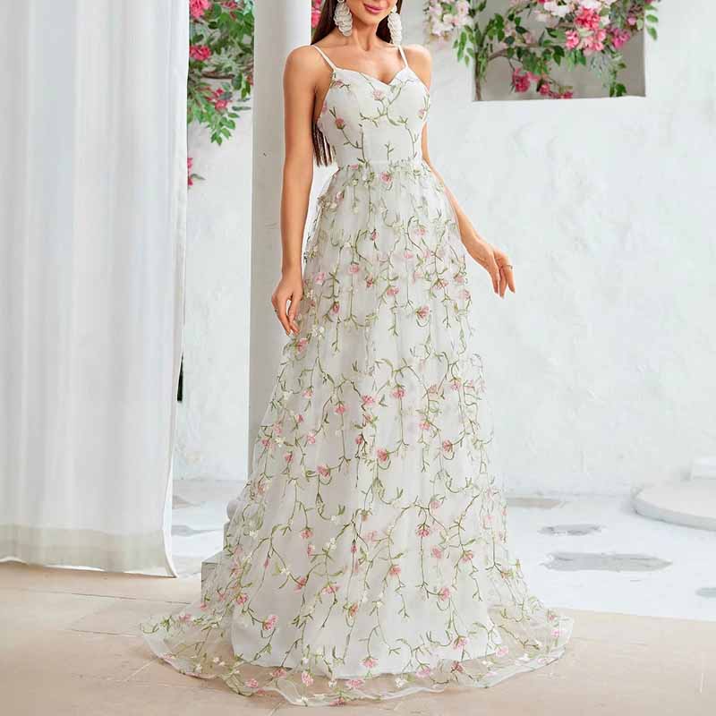 White Floral Bridesmaid Dress Spaghetti Strap Wedding Gown Homecoming Dress