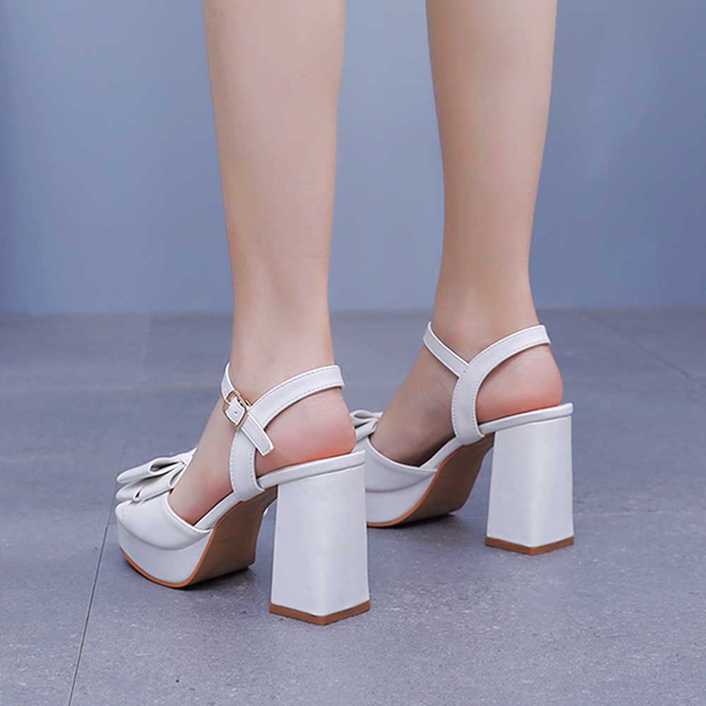 White Platform Wedding Shoes With Bow Block Heeled Bridal Sandals Shoes