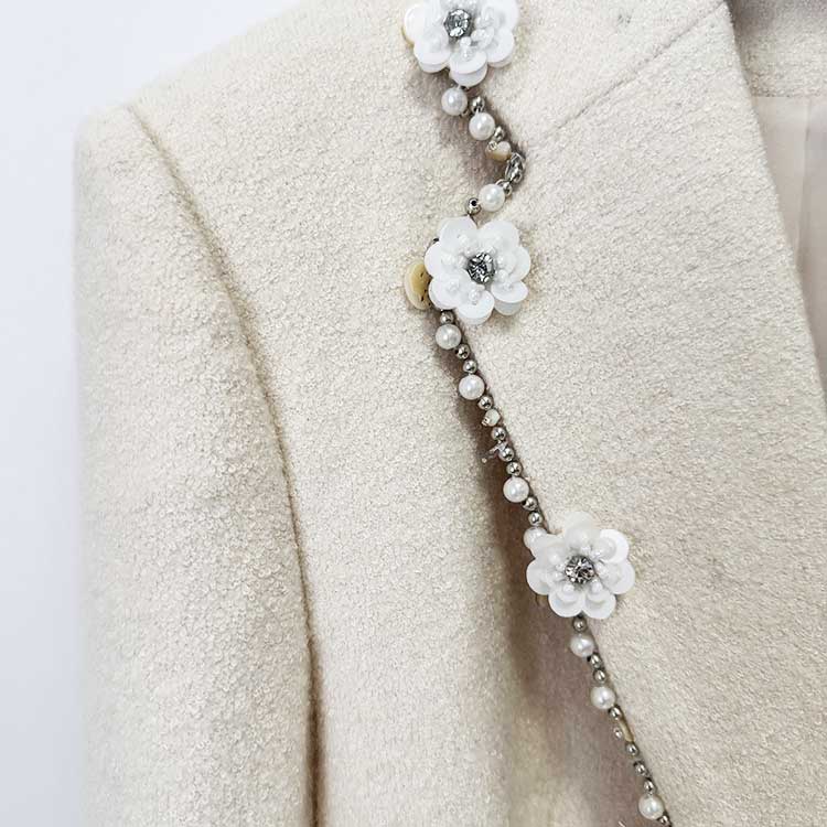 White Woolen Tweed Skirt Suit Pearl Fringe Blazer Set Elegant Two Piece Set