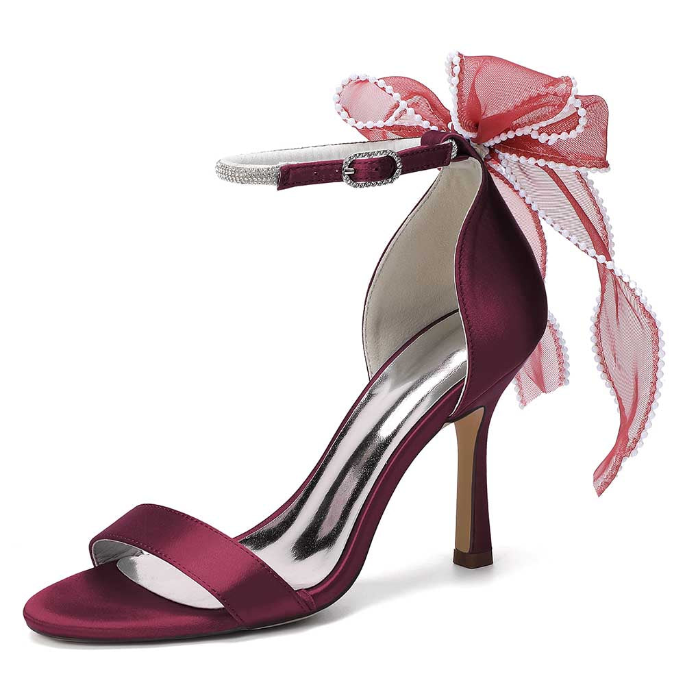 High Heel Sandals for Women | Bridal Wedding Shoes with Ankle Strap & Organza Bow | Satin Open Toe Stilettos for Party Evening Formal