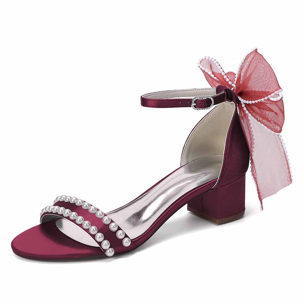 Women's Pearl Bridal Sandals with Bowknot, Block Heel Ankle Strap Wedding Shoes