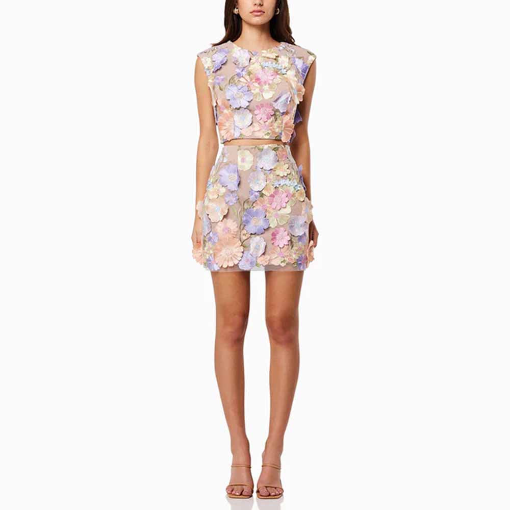 3D Floral-applique Long Sleeve Skirt Suit