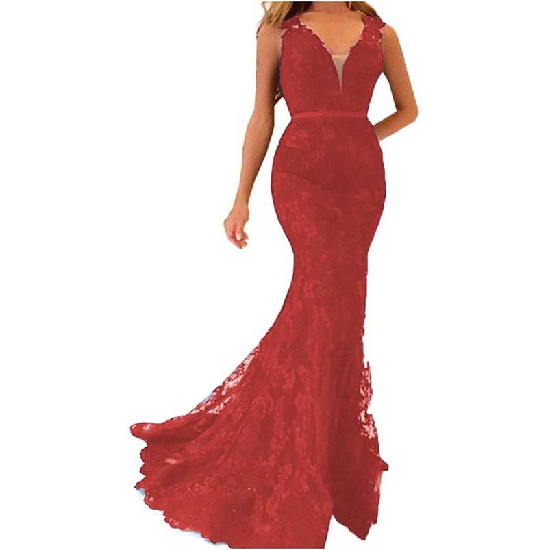 Women Lace Bridesmaid Dress V-Neck Mermaid Long Evening Dress Wedding Ball Gown