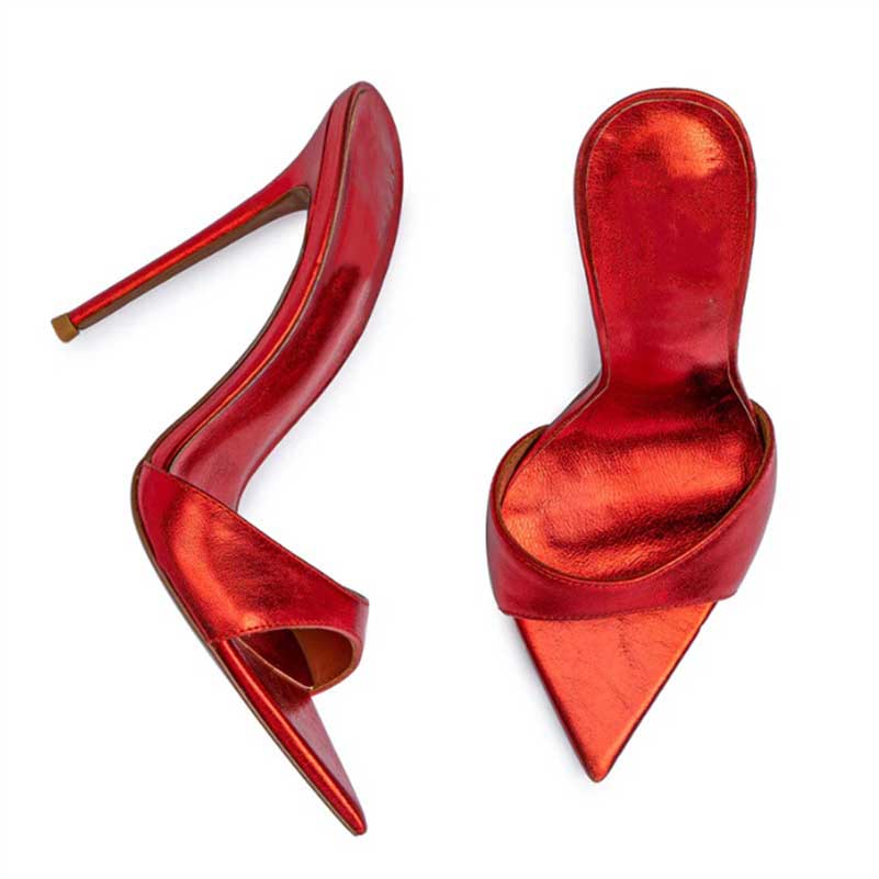 Women Metallic Leather Mules High Heeled Sandals