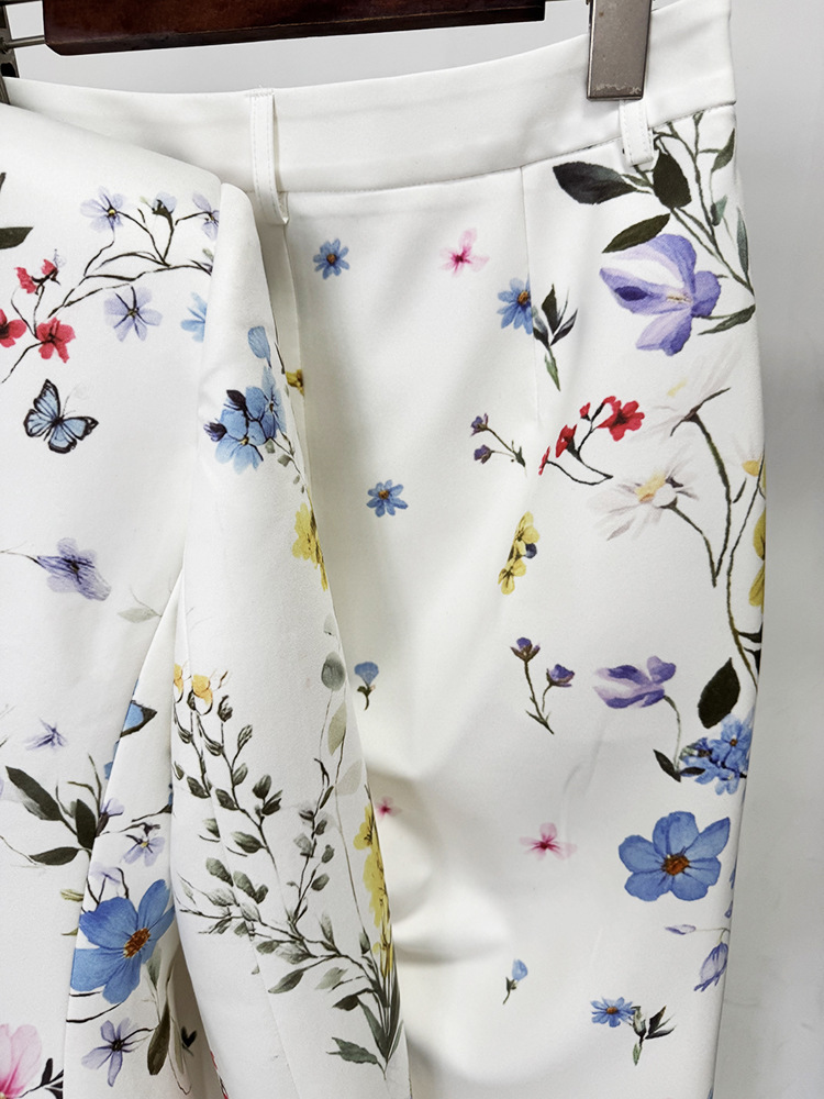 Women White Floral & Butterfly Print Blazer Set | Elegant Botanical Two-Piece Suit with Flared Pants