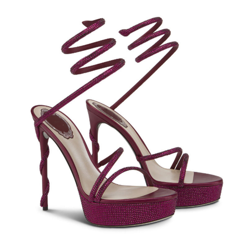 Women's Black Glitter Platform Stiletto Sandals - Sexy Strappy Lace-Up Open Toe High Heels
