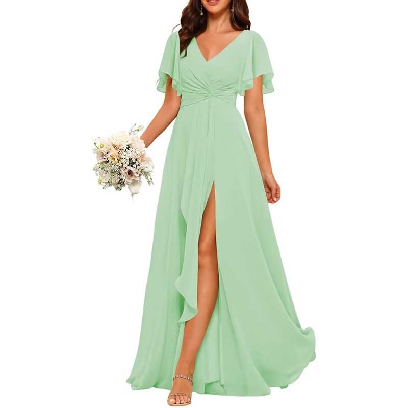 Women's Bridesmaid Dresses Chiffon Short Sleeves Wedding Guest Dress with Pockets