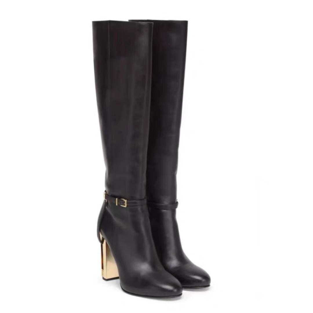 Women's Knee High Boots Chunky Gold Heel Ankle Strap Riding Boots