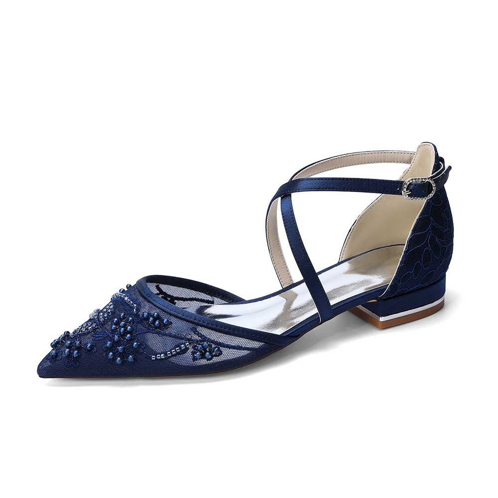 Women's Lace Bridal Shoes Pointed Toe Crossing Strap Flats Wedding Shoes