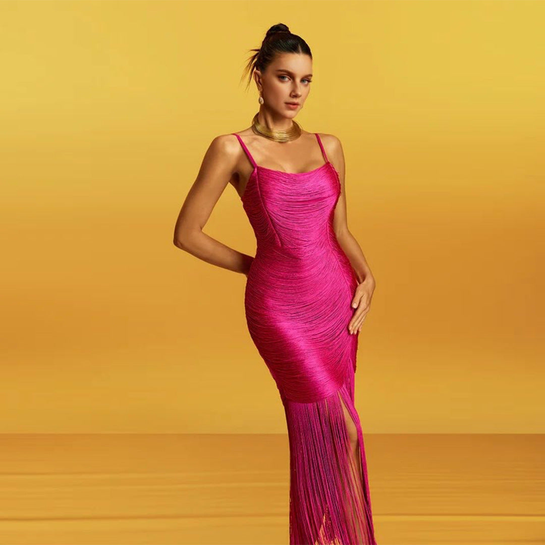 Navy Blue & Fuchsia Fringe Maxi Dress Women's Ruched Slit Dress