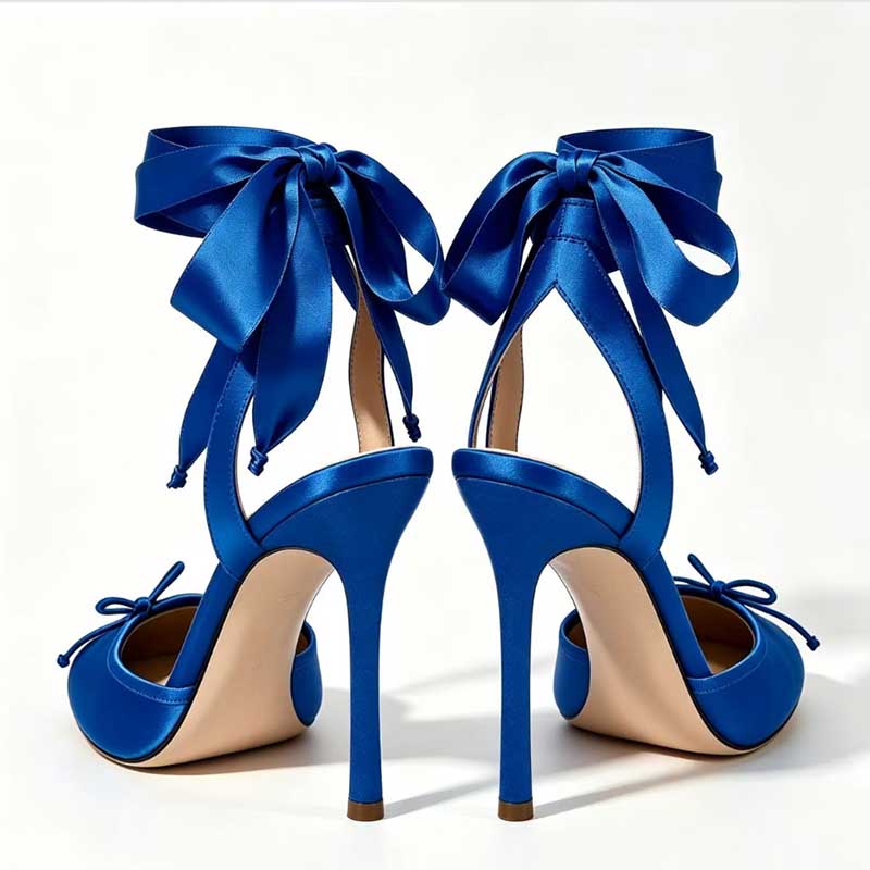 Women’s Satin Ankle Wrap Heels | Bow Detail Square Toe Stiletto Pumps