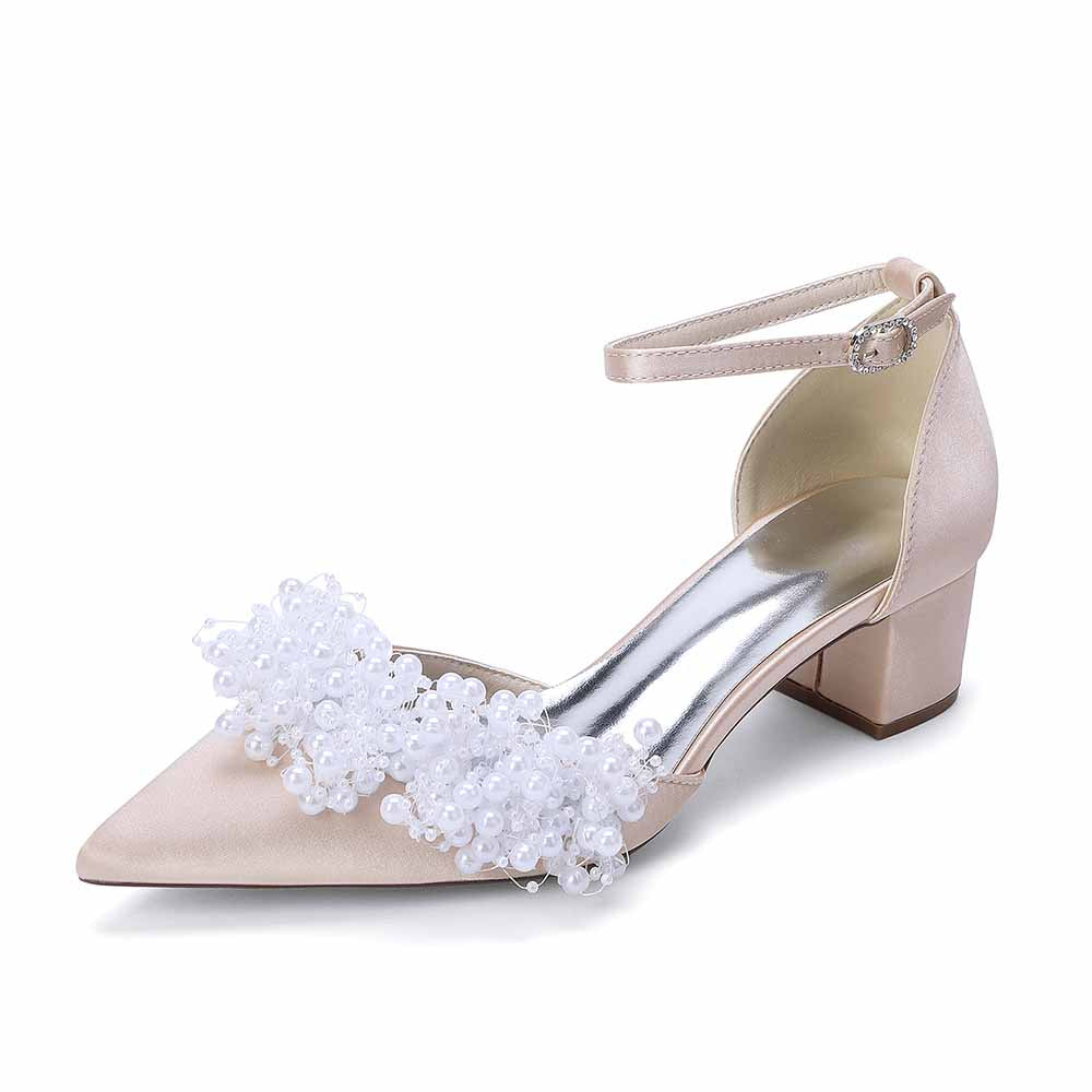 Women's White Pearl Embellished Satin Pointed - Toe Ankle Strap Block Heel Wedding Bridal Shoes
