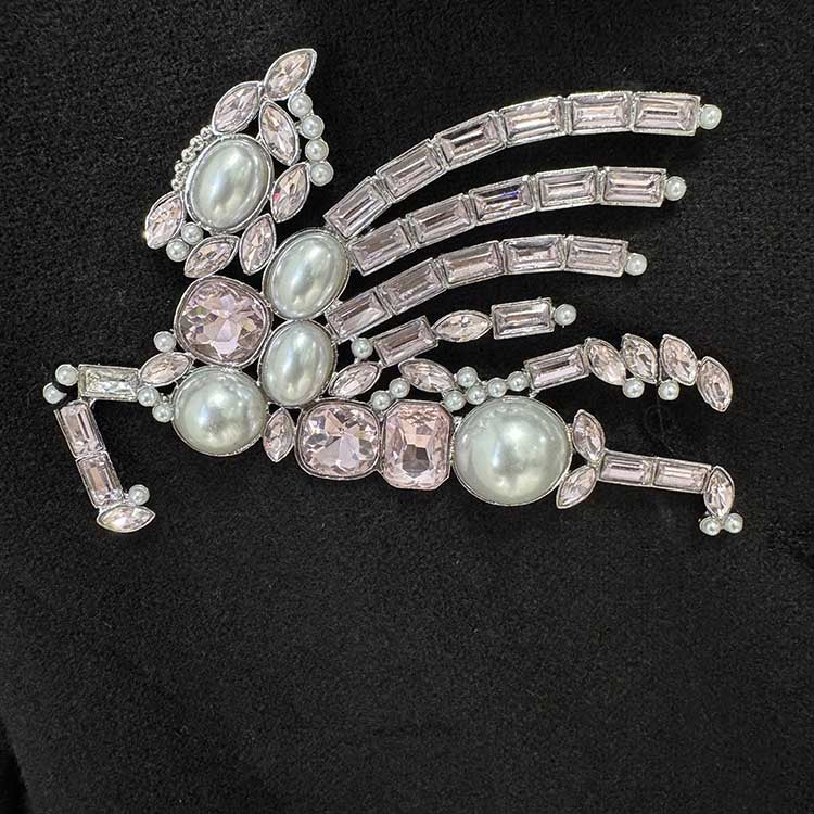 Close-up of embellishment on women's winter wool coat featuring intricate gem design