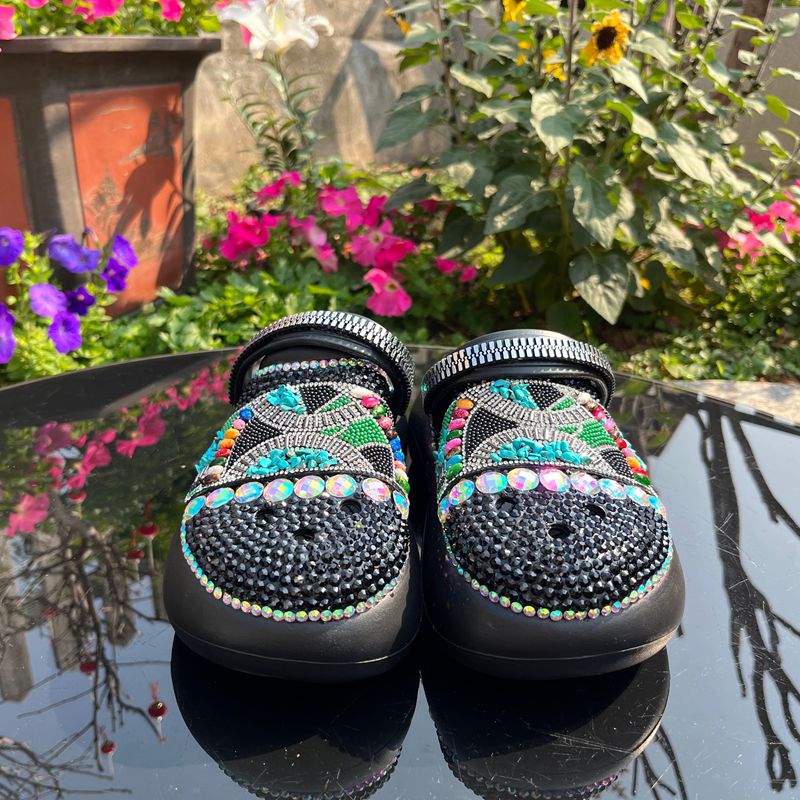 Womens Closed Toe Clog Shoes Rhinestone Beads Slip-On Flats Mules