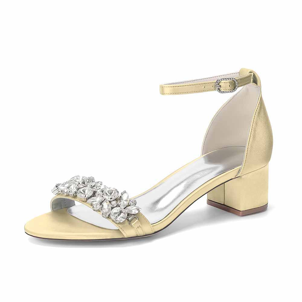Women's Rhinestone Embellished Satin Strap Chunky Heel Sandals - Wedding Party Bridal Dress Shoes for Women