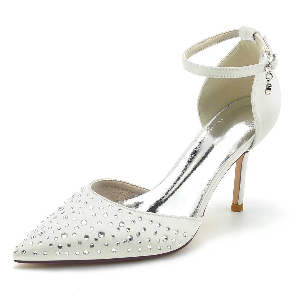 S&DCo. white ankle strap wedding dress shoes with rhinestone embellishments and pointed toe design