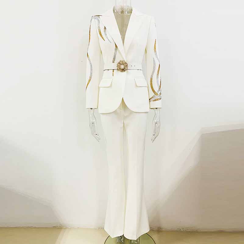 Women Formal Pantsuits With Belt hot drilling Flare Bottoms Two Pieces Pants Set