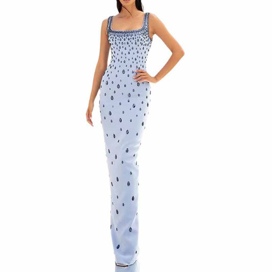 Light Blue Rain Drop Beads Embroidered Dress Long Evening Gown