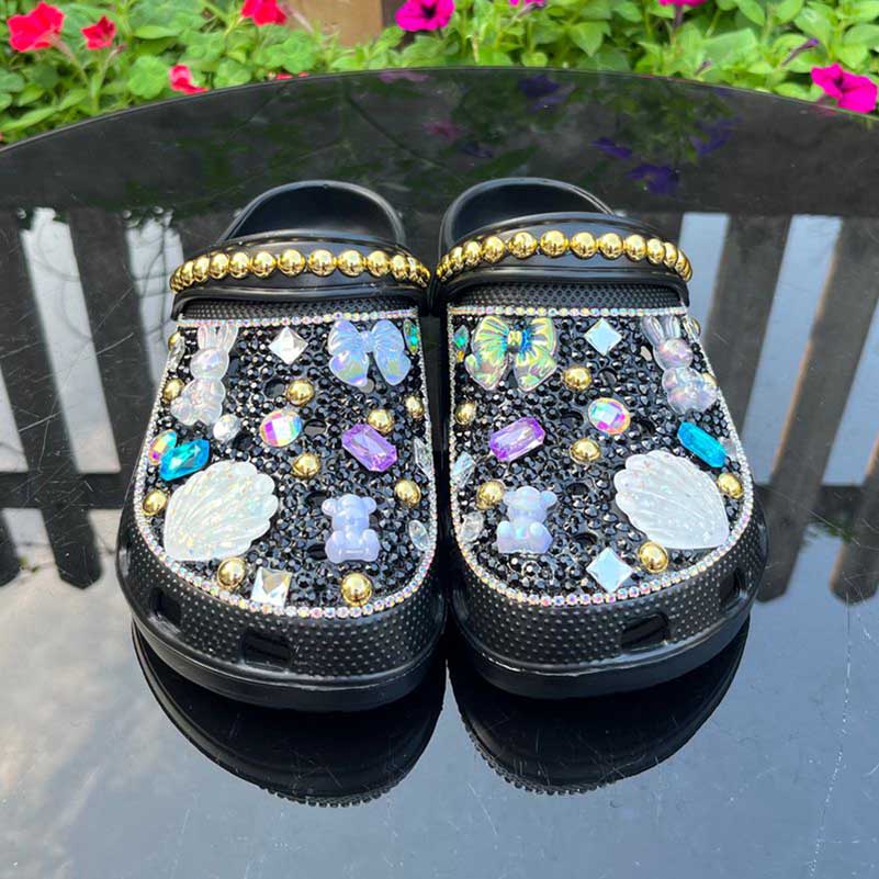 Womens Closed Toe Clog Shoes Rhinestone Beads Mules Sparkly Slip on Sandals