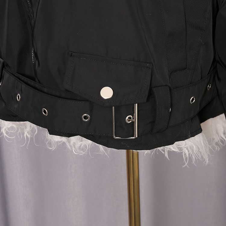 Black plush fuzzy jacket for women with stylish belt detail and soft lining for extra warmth